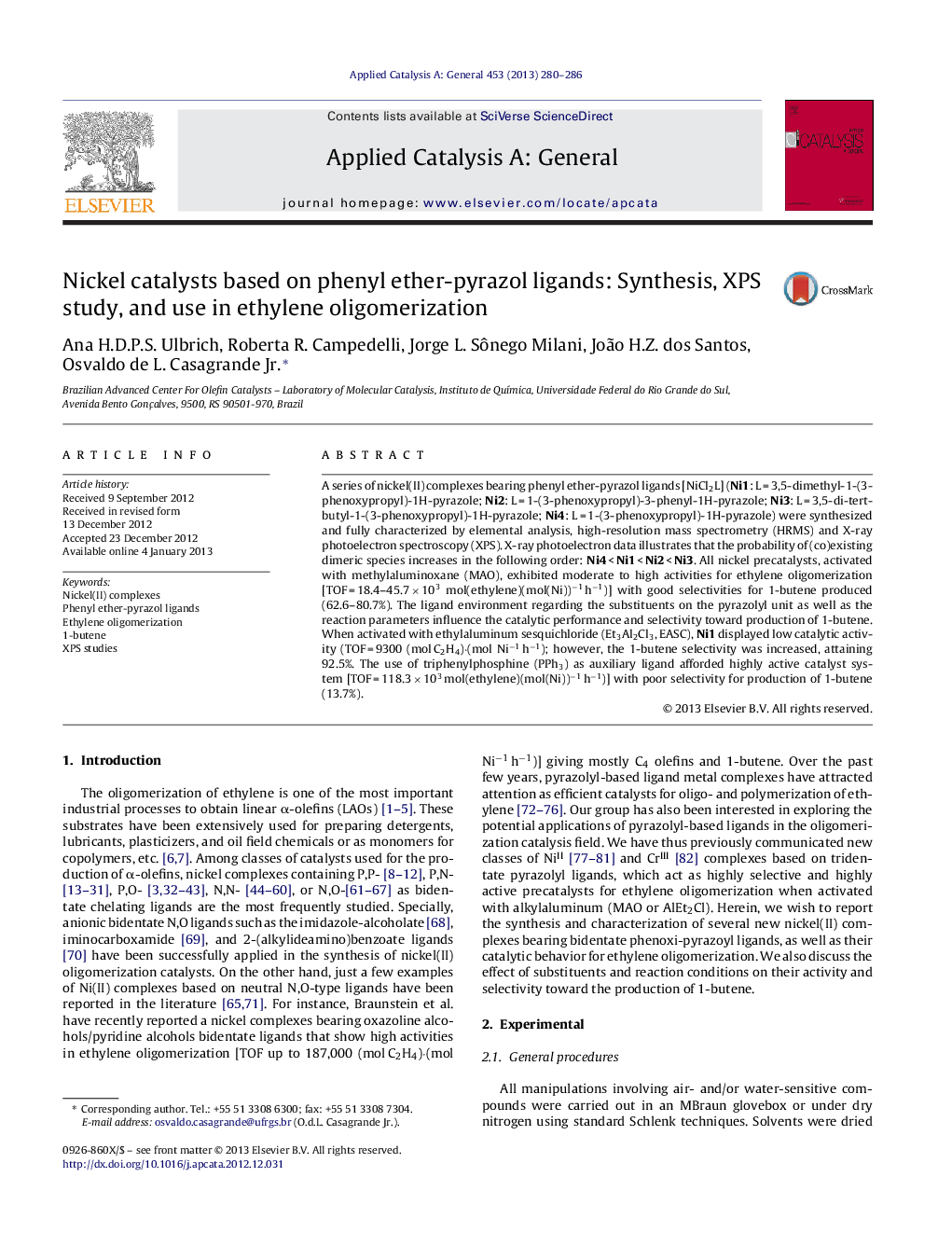 Nickel catalysts based on phenyl ether-pyrazol ligands: Synthesis, XPS study, and use in ethylene oligomerization