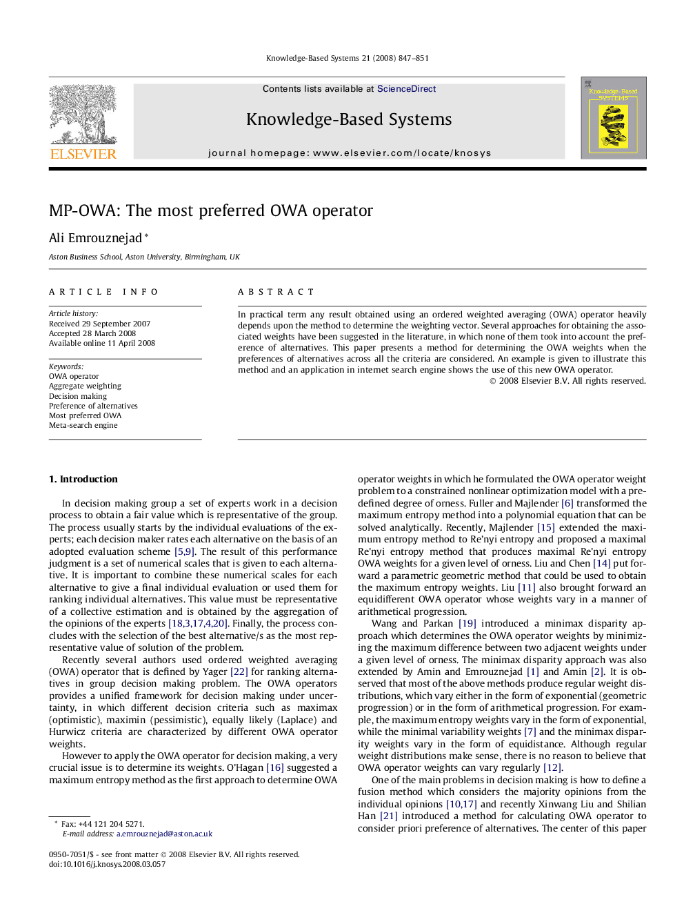 MP-OWA: The most preferred OWA operator