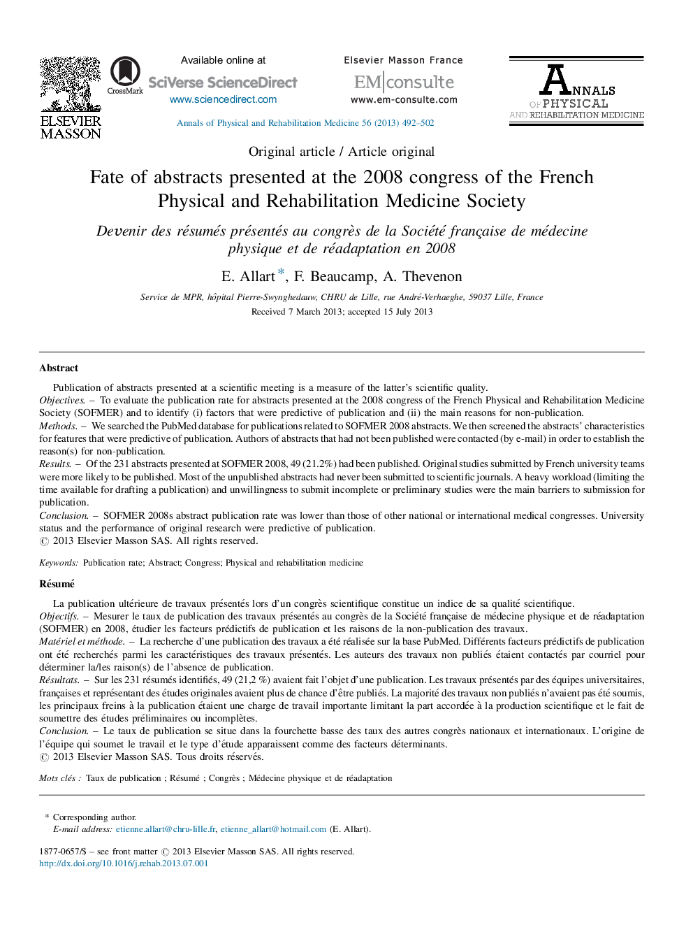 Fate of abstracts presented at the 2008 congress of the French Physical and Rehabilitation Medicine Society