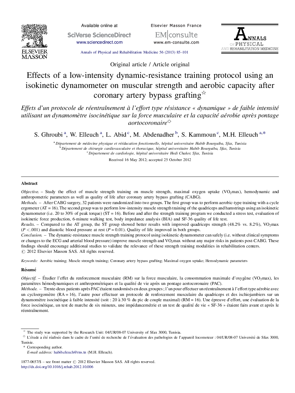 Effects of a low-intensity dynamic-resistance training protocol using an isokinetic dynamometer on muscular strength and aerobic capacity after coronary artery bypass grafting ◊