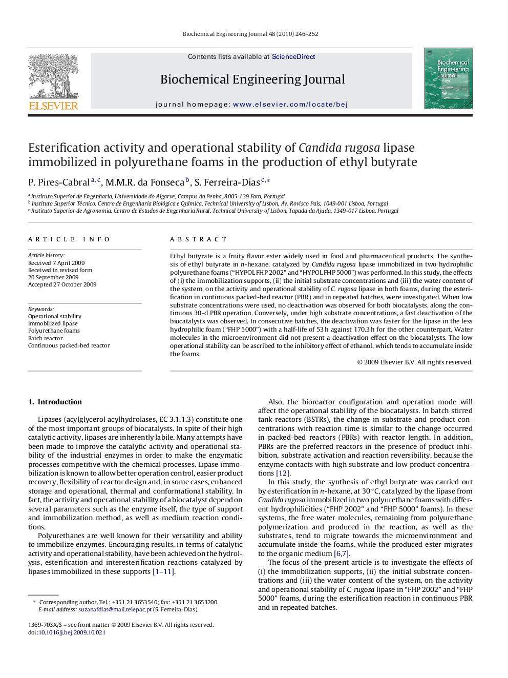 Esterification activity and operational stability of Candida rugosa lipase immobilized in polyurethane foams in the production of ethyl butyrate