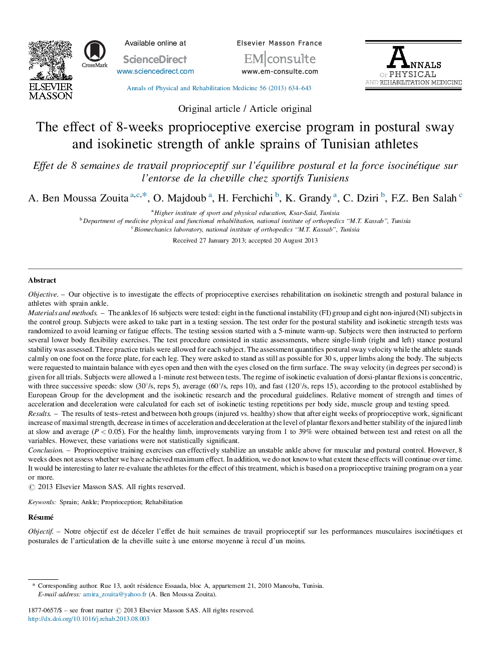 The effect of 8-weeks proprioceptive exercise program in postural sway and isokinetic strength of ankle sprains of Tunisian athletes