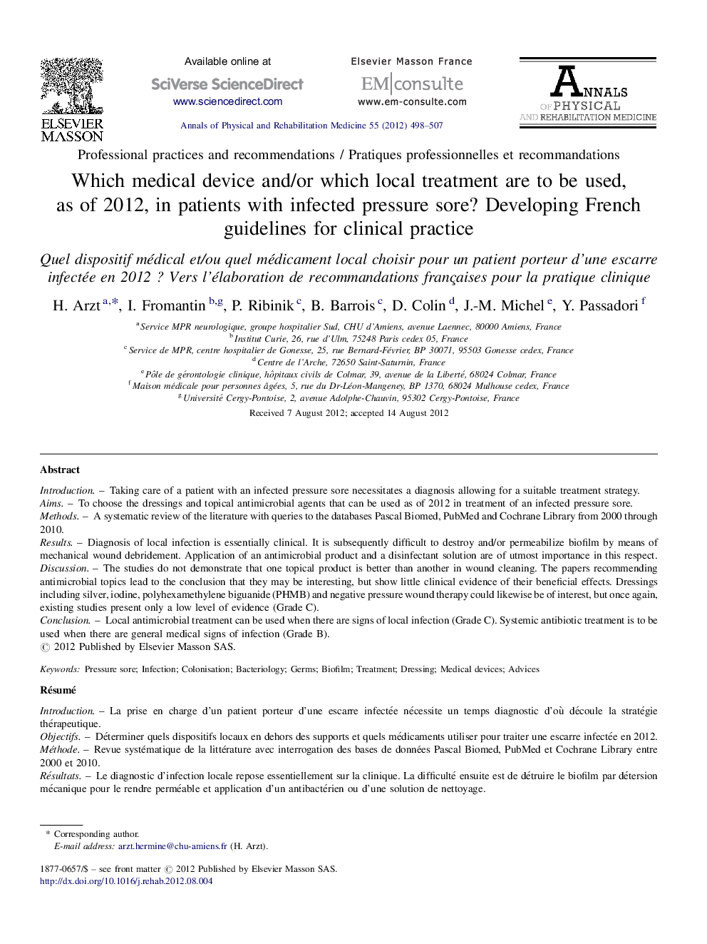 Which medical device and/or which local treatment are to be used, as of 2012, in patients with infected pressure sore? Developing French guidelines for clinical practice