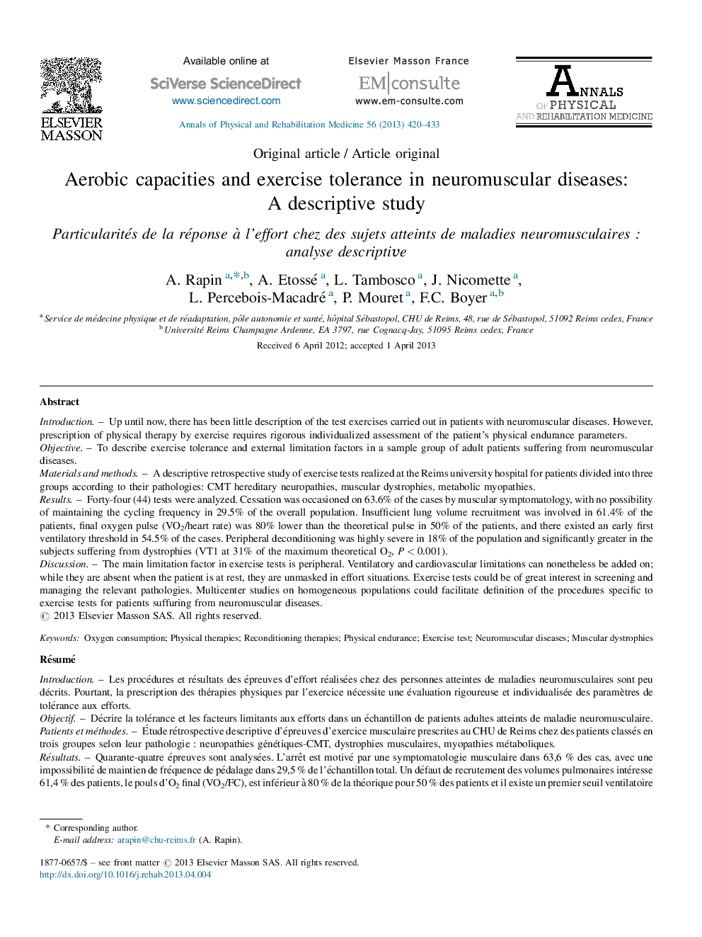 Aerobic capacities and exercise tolerance in neuromuscular diseases: A descriptive study