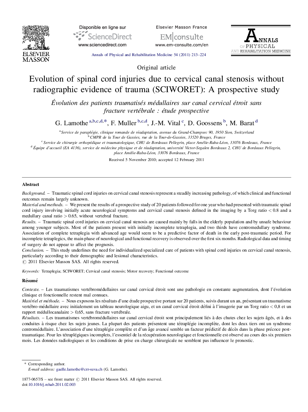 Evolution of spinal cord injuries due to cervical canal stenosis without radiographic evidence of trauma (SCIWORET): A prospective study