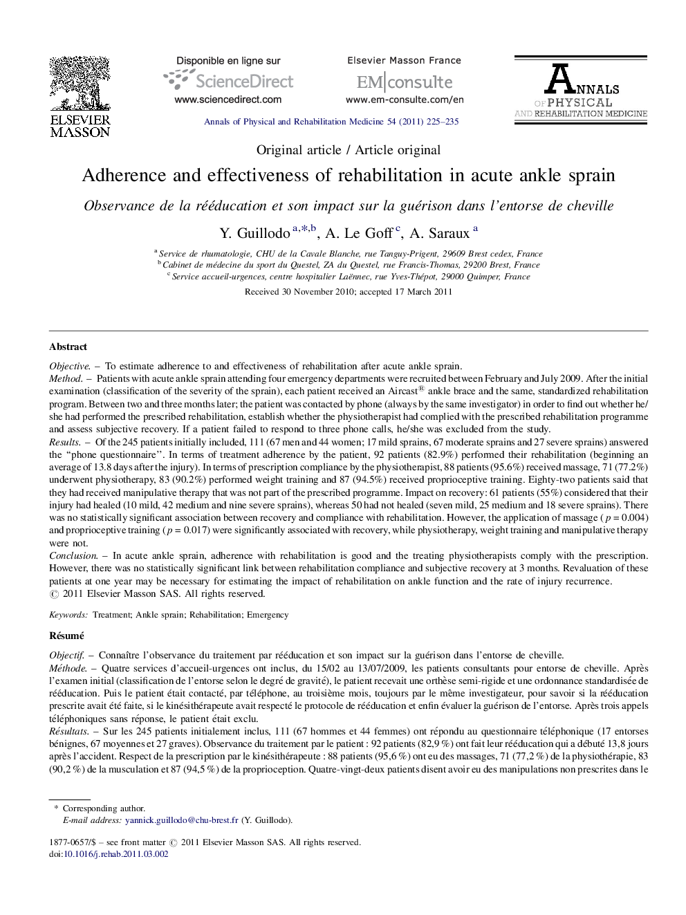 Adherence and effectiveness of rehabilitation in acute ankle sprain