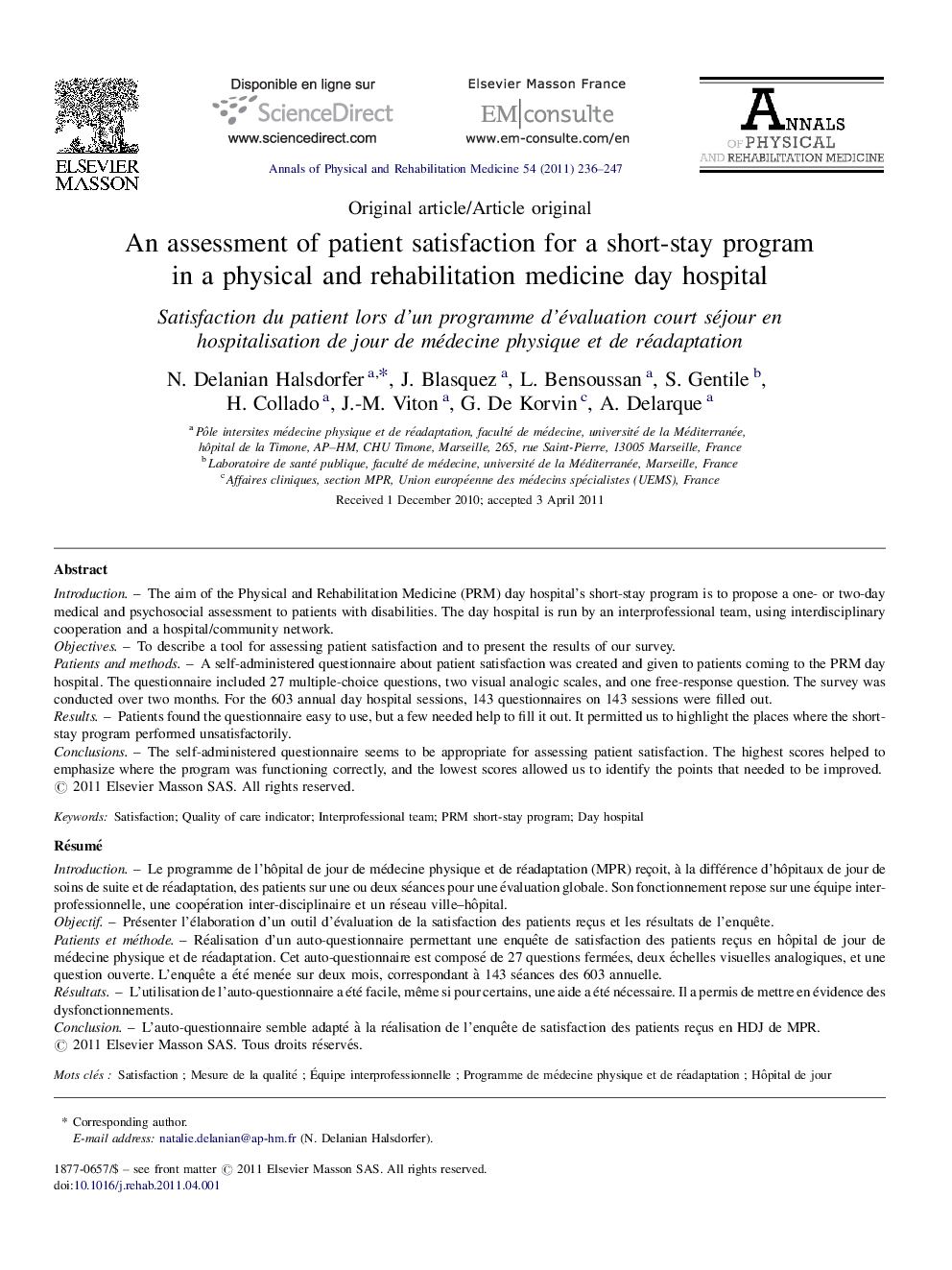 An assessment of patient satisfaction for a short-stay program in a physical and rehabilitation medicine day hospital