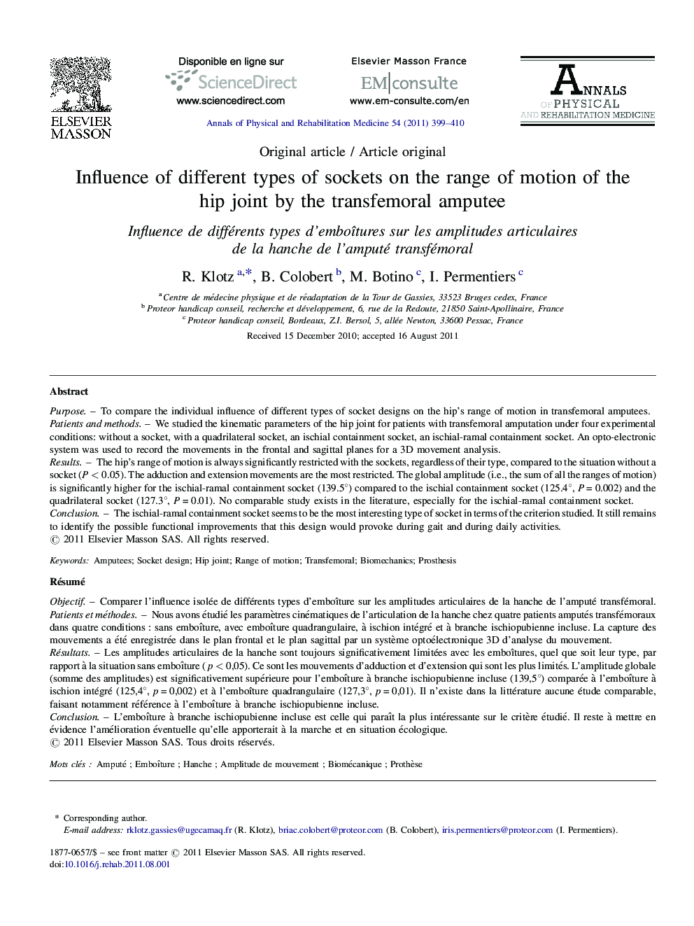 Influence of different types of sockets on the range of motion of the hip joint by the transfemoral amputee