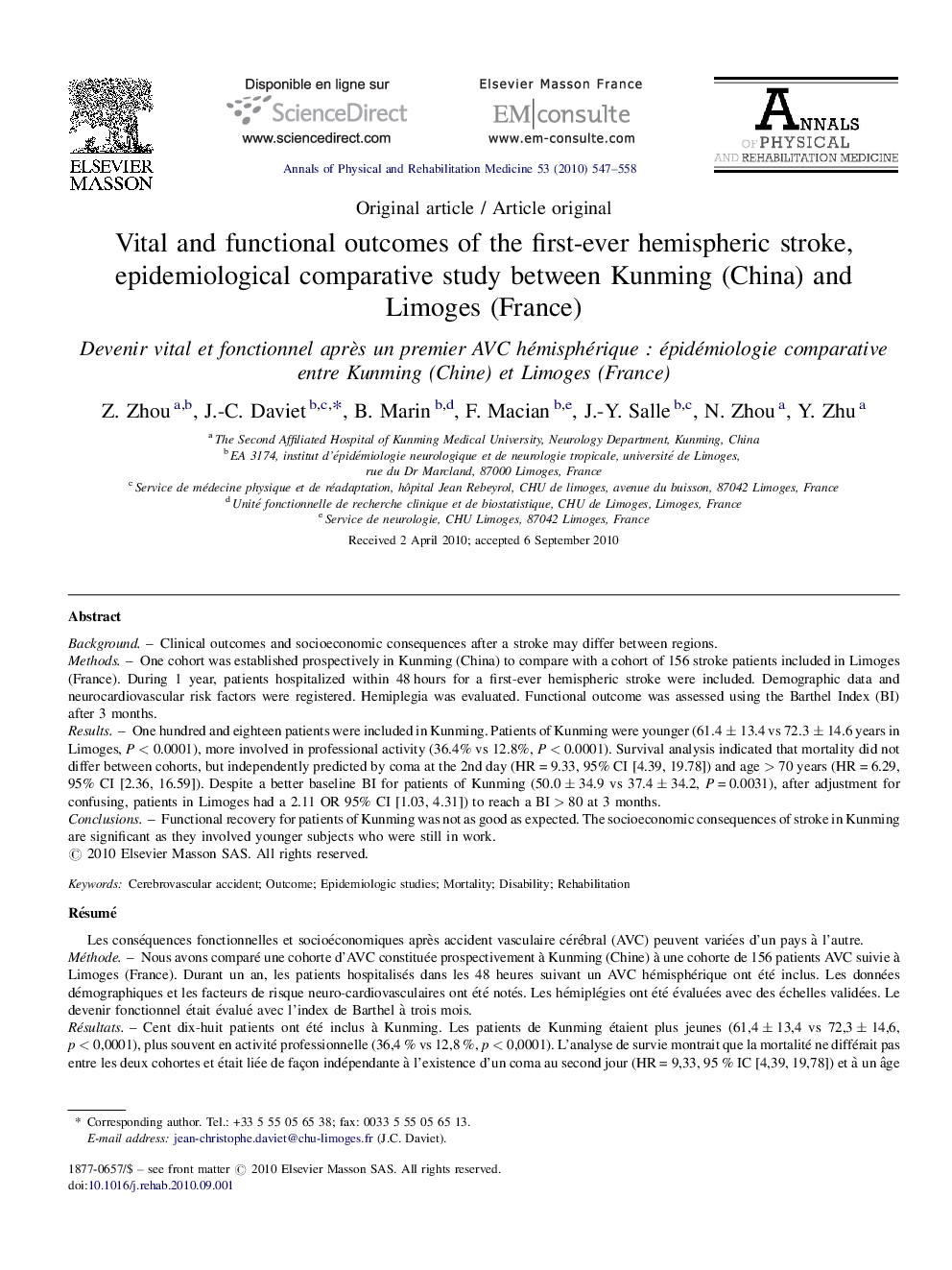 Vital and functional outcomes of the first-ever hemispheric stroke, epidemiological comparative study between Kunming (China) and Limoges (France)