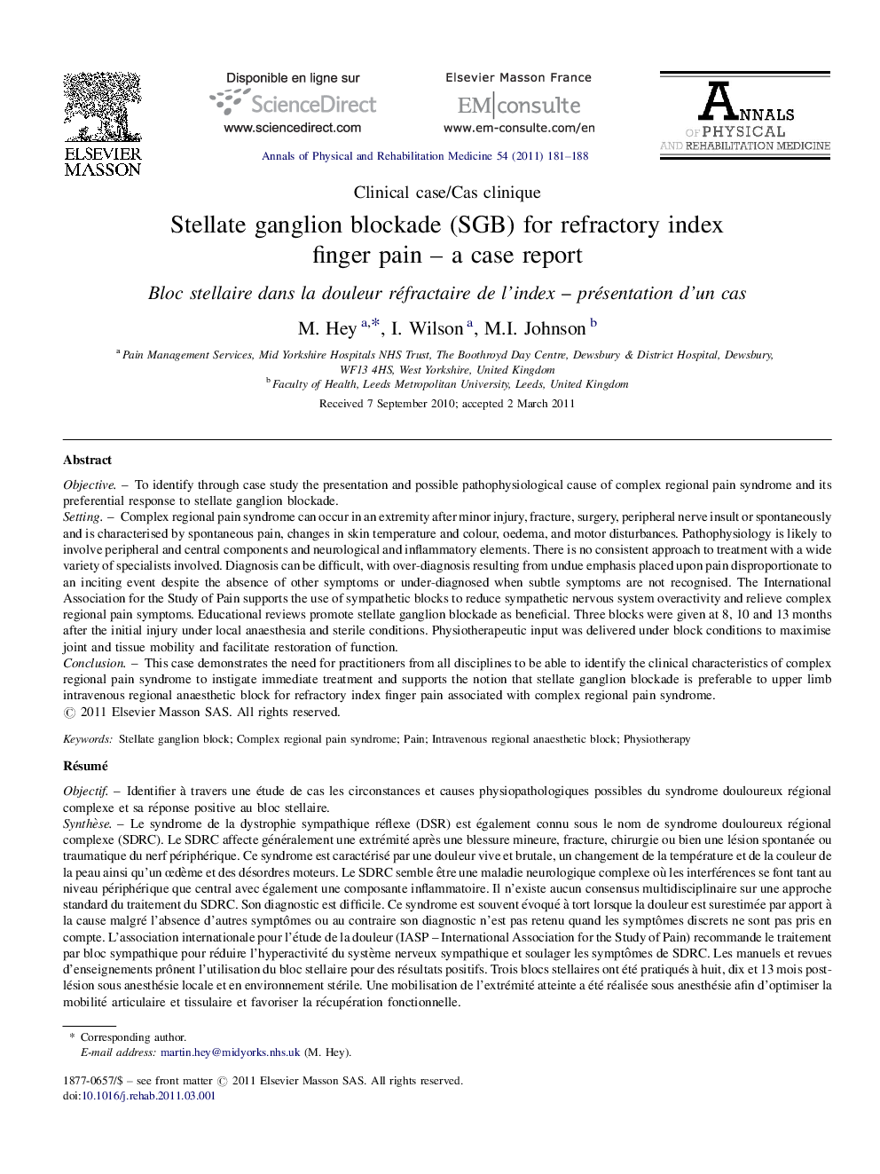 Stellate ganglion blockade (SGB) for refractory index finger pain – a case report