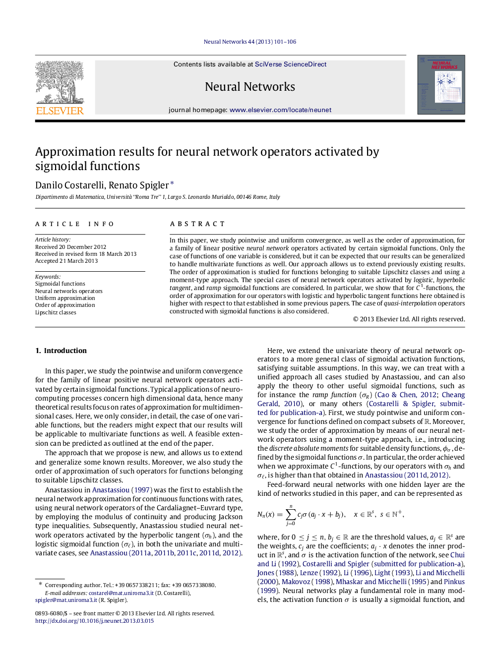 Approximation results for neural network operators activated by sigmoidal functions