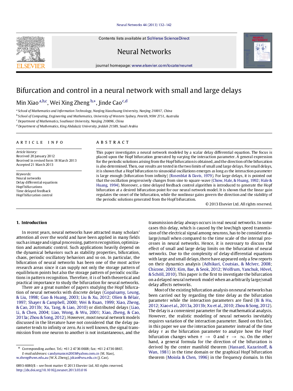 Bifurcation and control in a neural network with small and large delays