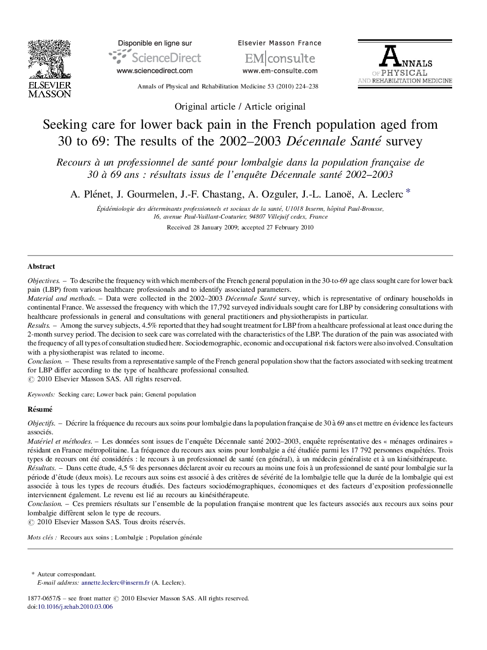 Seeking care for lower back pain in the French population aged from 30 to 69: The results of the 2002–2003 Décennale Santé survey