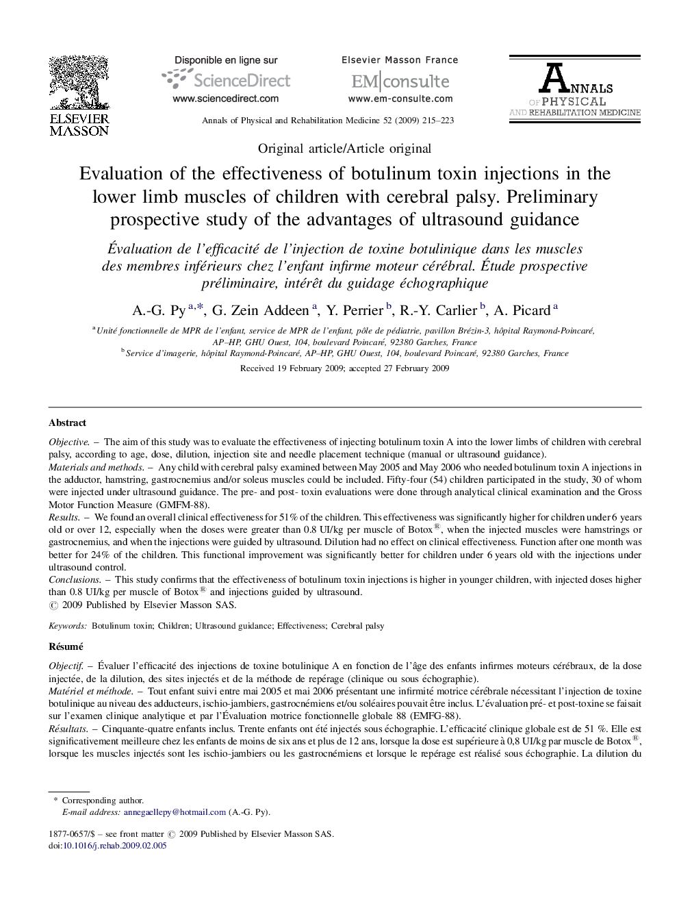 Evaluation of the effectiveness of botulinum toxin injections in the lower limb muscles of children with cerebral palsy. Preliminary prospective study of the advantages of ultrasound guidance