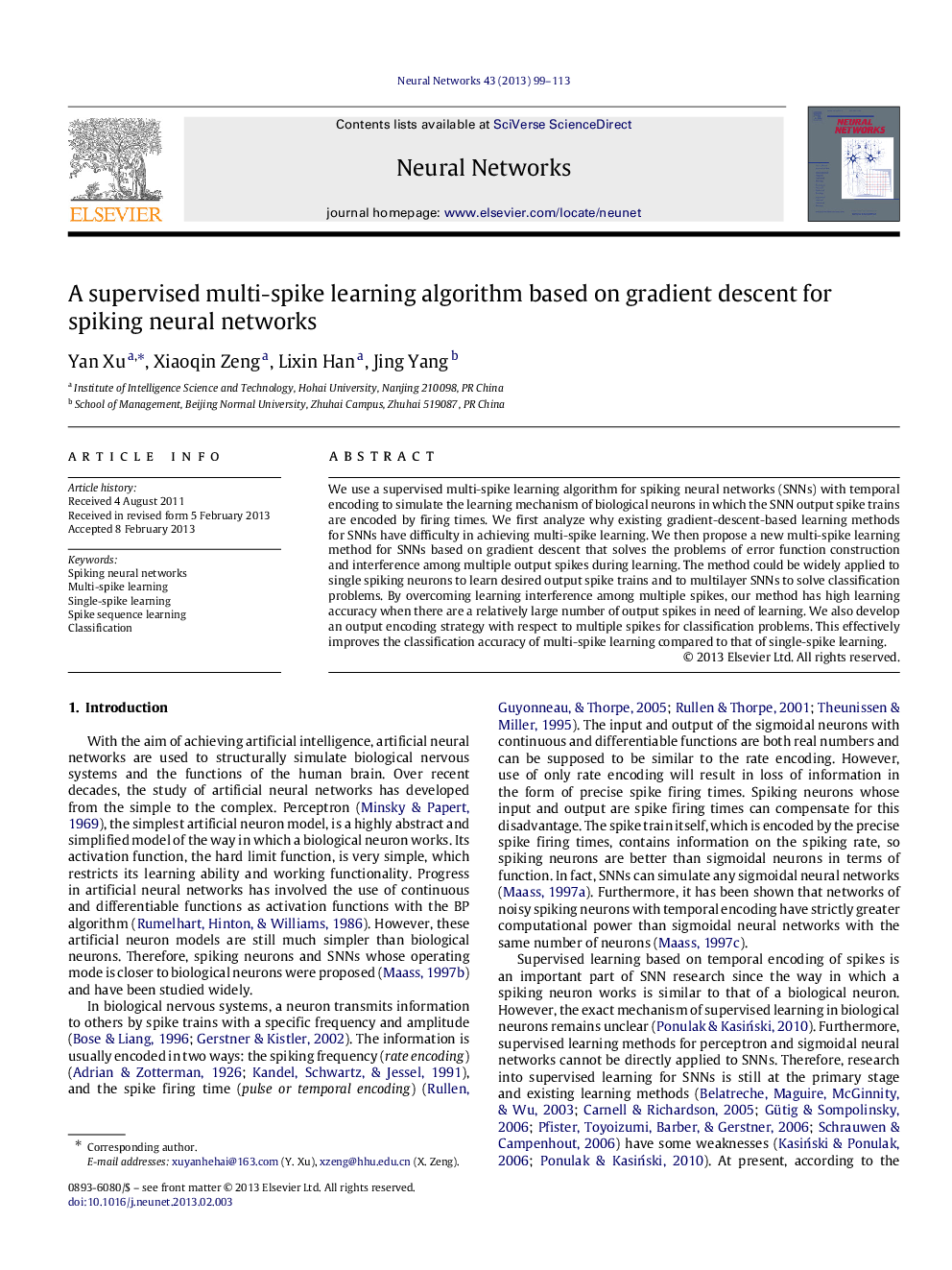 A supervised multi-spike learning algorithm based on gradient descent for spiking neural networks