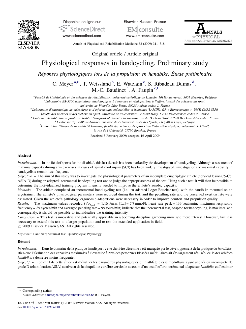 Physiological responses in handcycling. Preliminary study