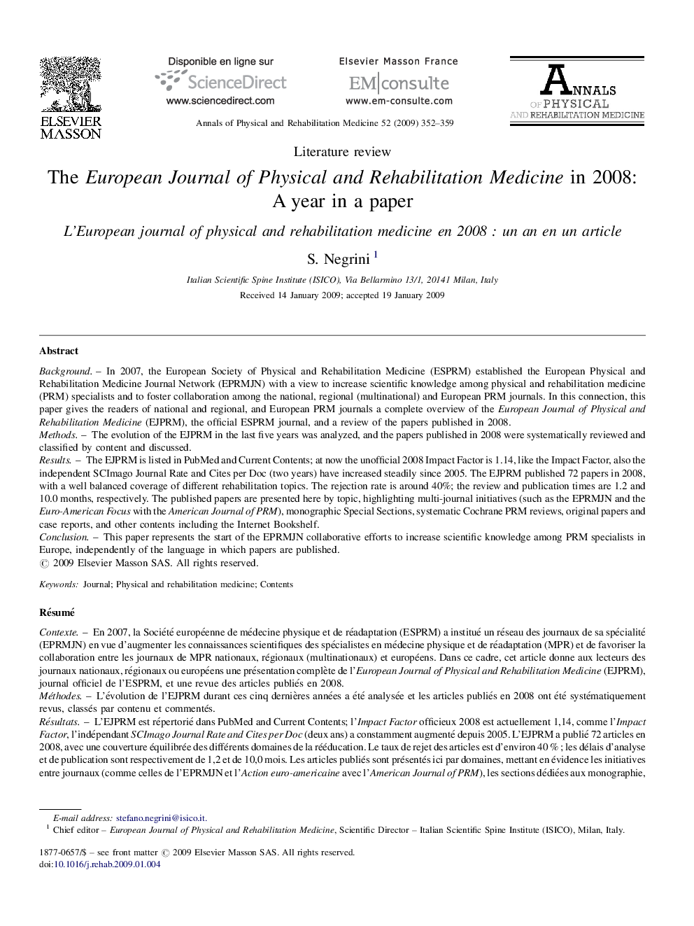 The European Journal of Physical and Rehabilitation Medicine in 2008: A year in a paper