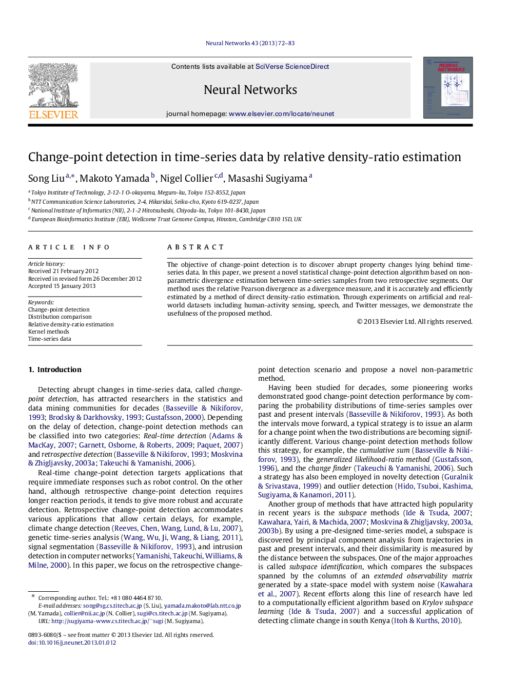 Change-point detection in time-series data by relative density-ratio estimation