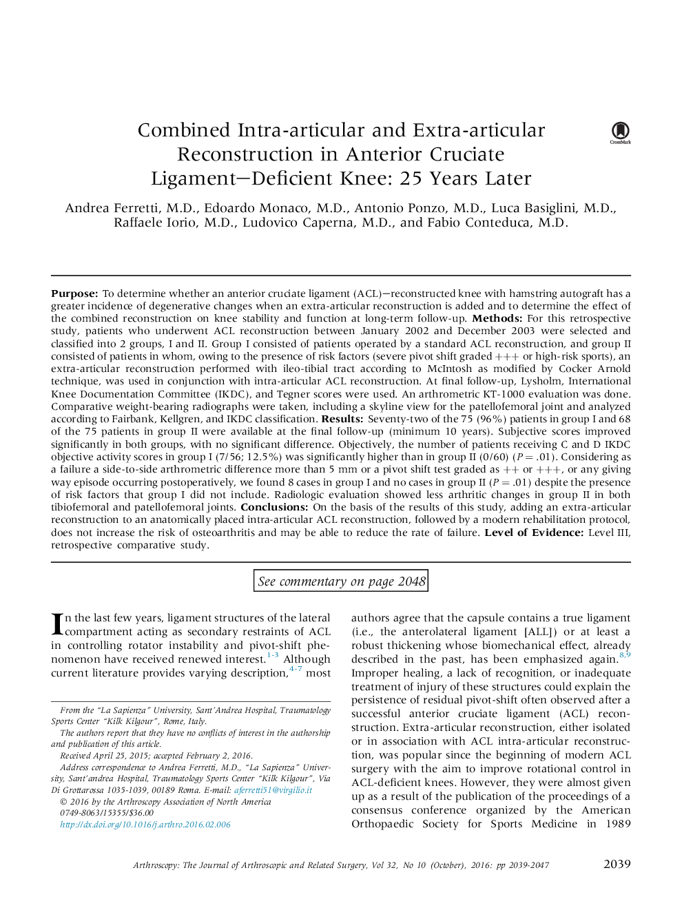 Combined Intra-articular and Extra-articular Reconstruction in Anterior Cruciate Ligament-Deficient Knee: 25Â Years Later