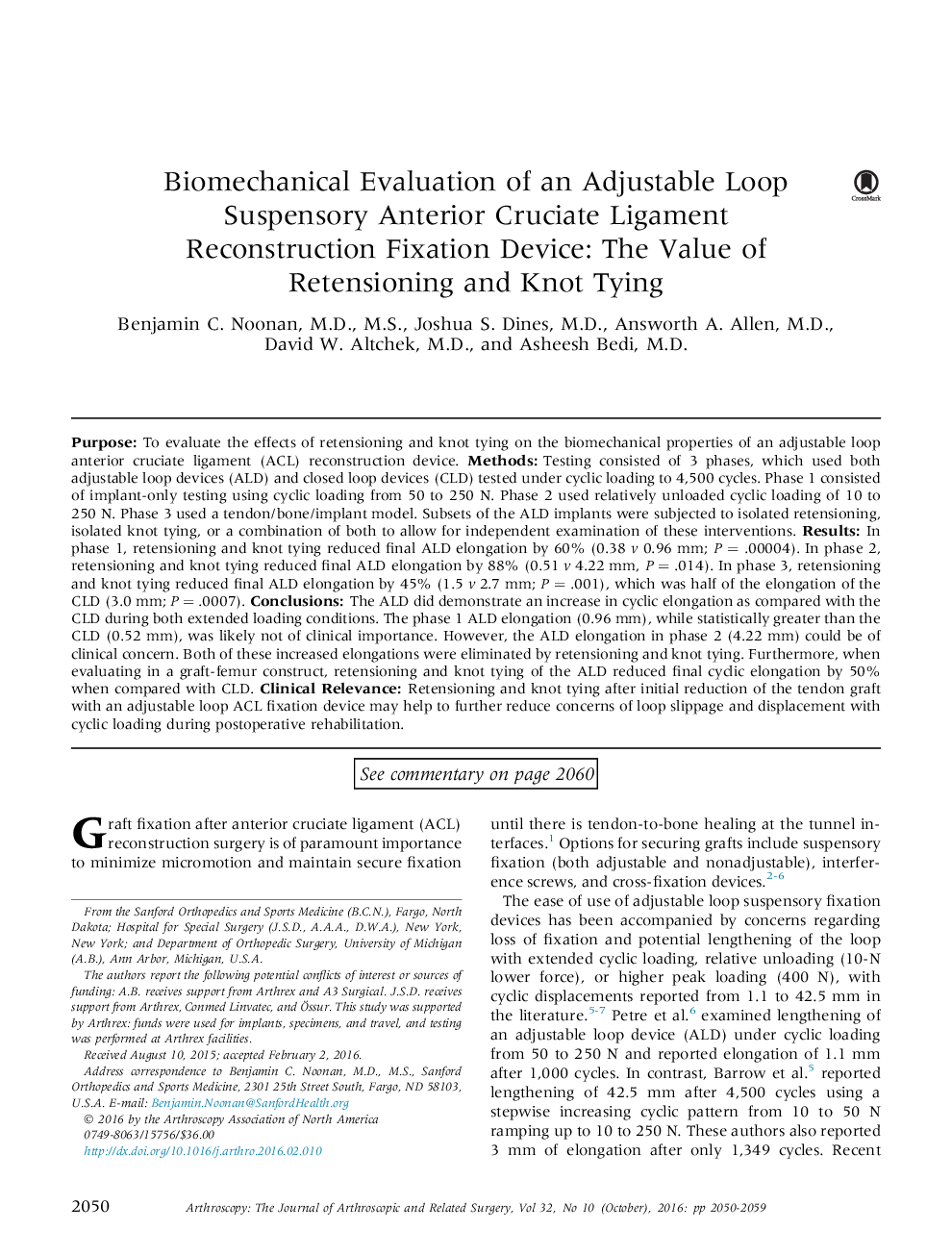 Biomechanical Evaluation of an Adjustable Loop Suspensory Anterior Cruciate Ligament Reconstruction Fixation Device: The Value of Retensioning and Knot Tying