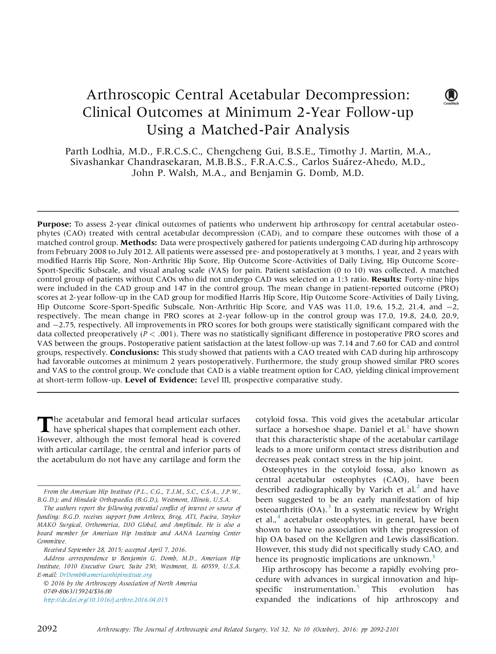 آرتروسکوپیک افسردگی مرکزی ساطع کننده: نتایج بالینی در پیگیری حداقل دو ساله با استفاده از تجزیه و تحلیل دو طرفه 