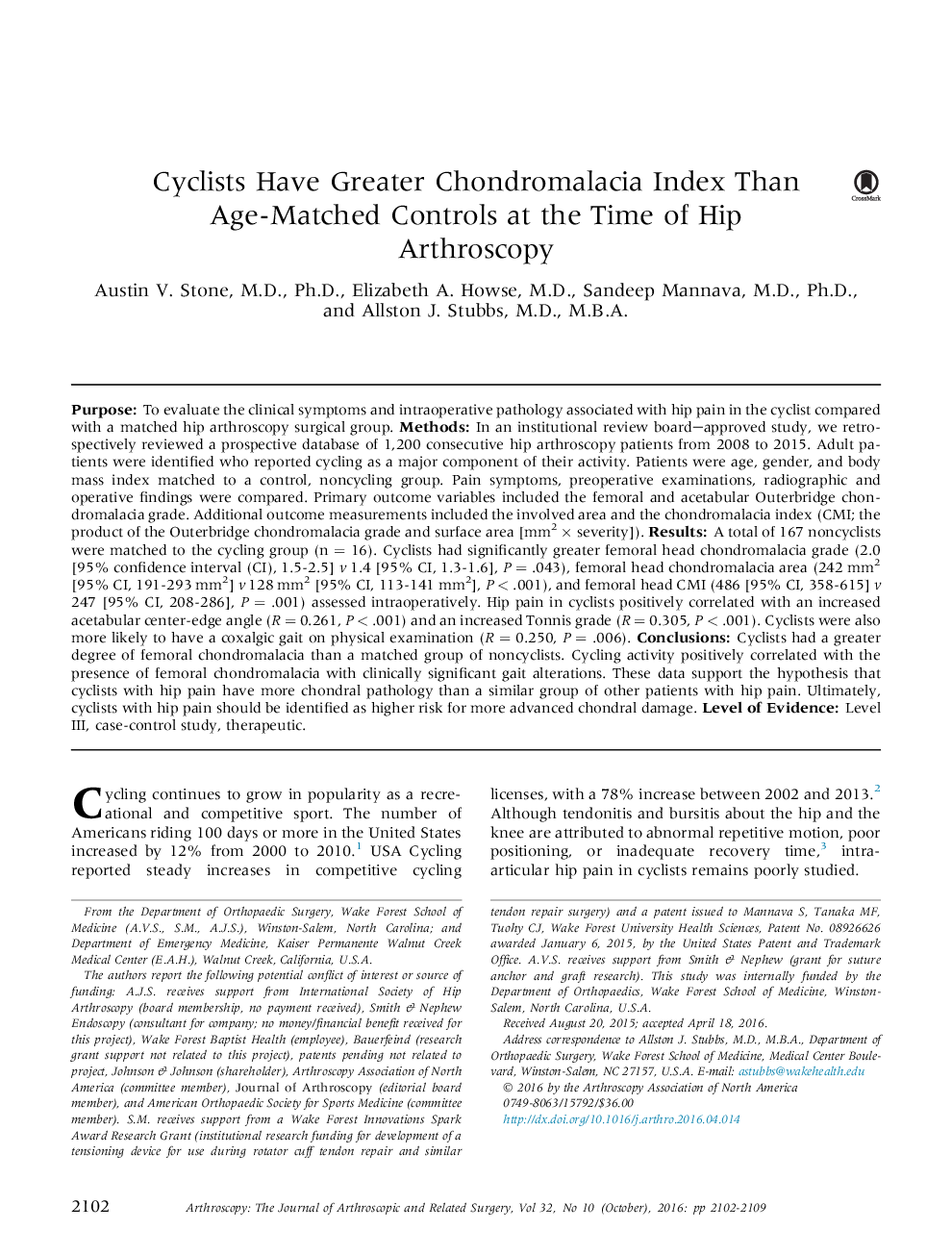 Cyclists Have Greater Chondromalacia Index Than Age-Matched Controls at the Time of Hip Arthroscopy