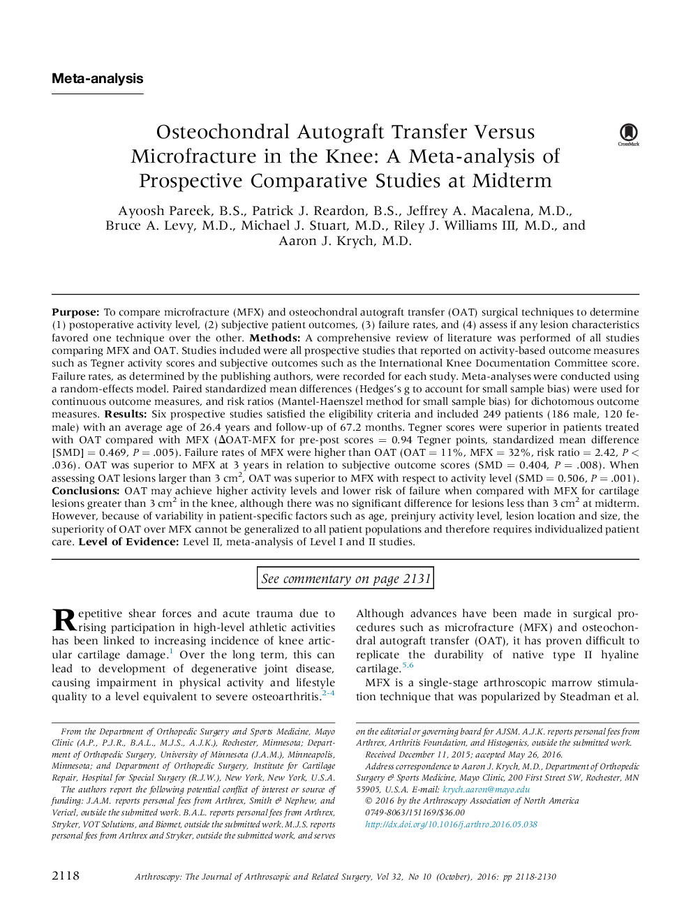 Osteochondral Autograft Transfer Versus Microfracture in the Knee: A Meta-analysis of Prospective Comparative Studies at Midterm