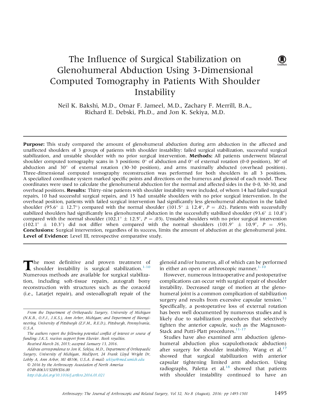 The Influence of Surgical Stabilization on Glenohumeral Abduction Using 3-Dimensional Computed Tomography in Patients With Shoulder Instability 