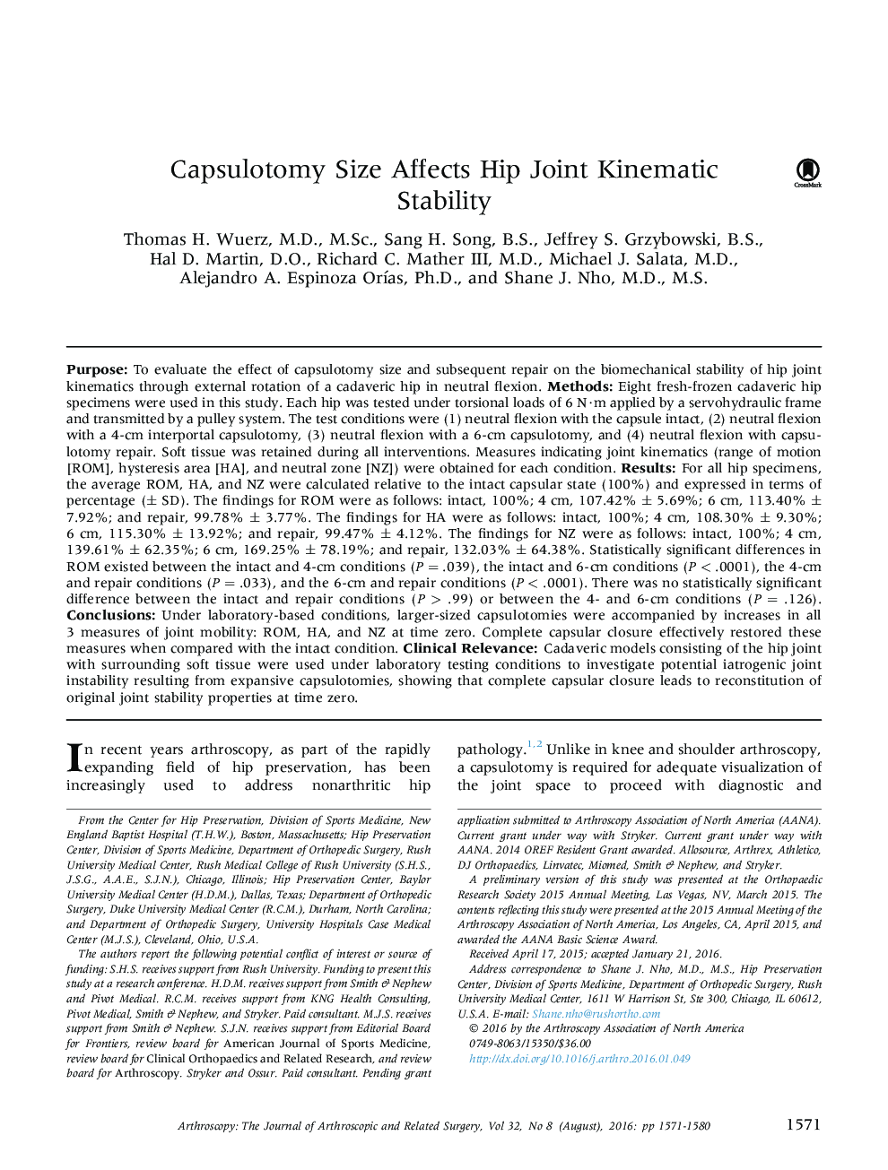 Capsulotomy Size Affects Hip Joint Kinematic Stability 