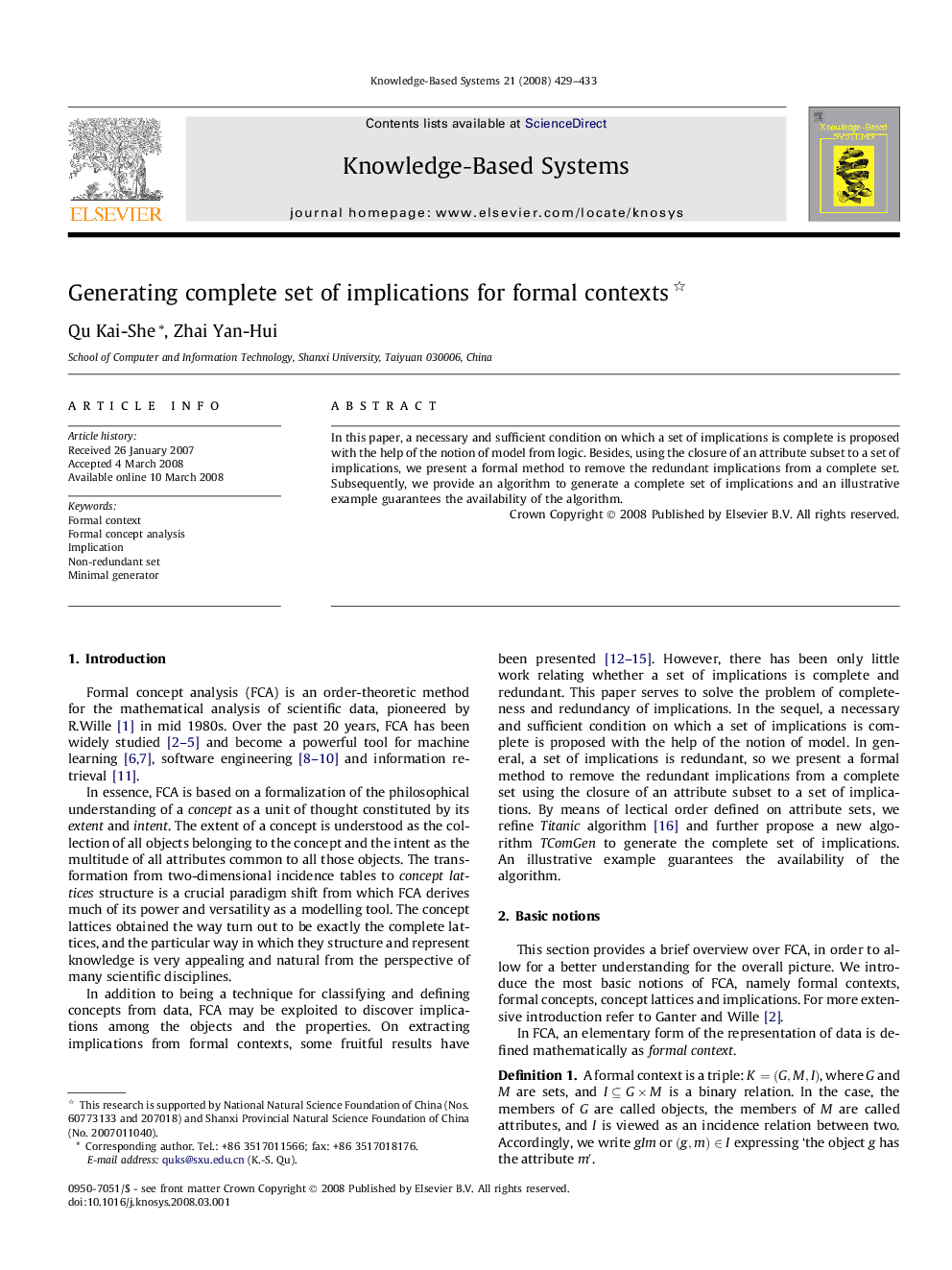 Generating complete set of implications for formal contexts 