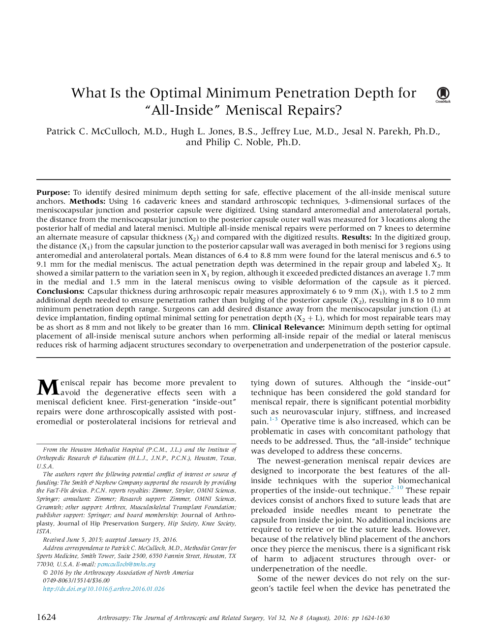 What Is the Optimal Minimum Penetration Depth for “All-Inside” Meniscal Repairs? 