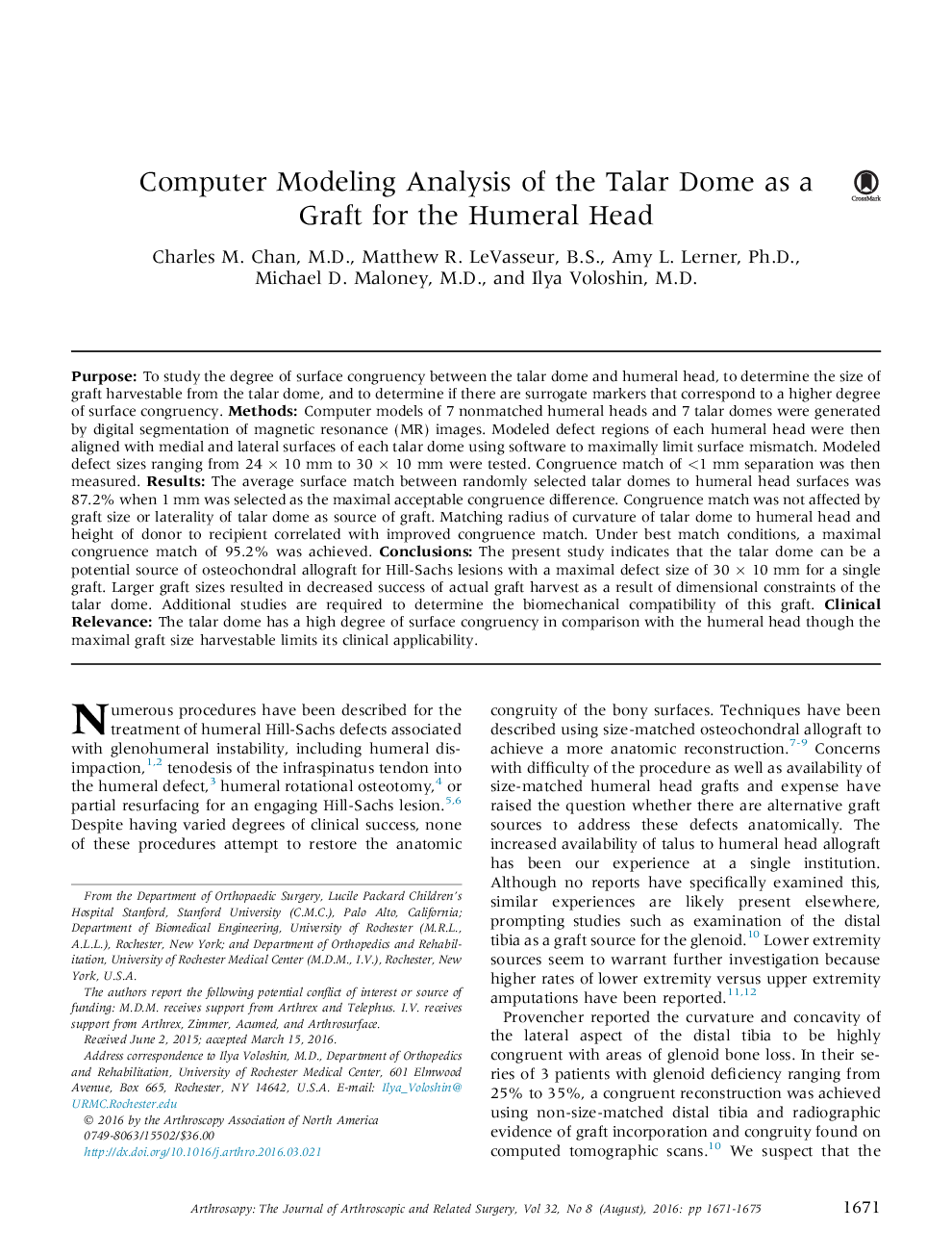 Computer Modeling Analysis of the Talar Dome as a Graft for the Humeral Head