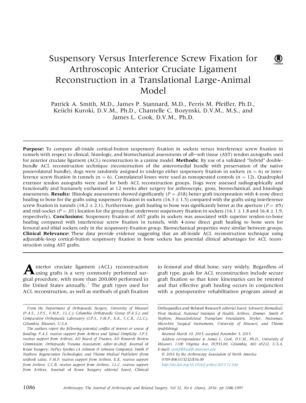 Suspensory Versus Interference Screw Fixation for Arthroscopic Anterior Cruciate Ligament Reconstruction in a Translational Large-Animal Model 