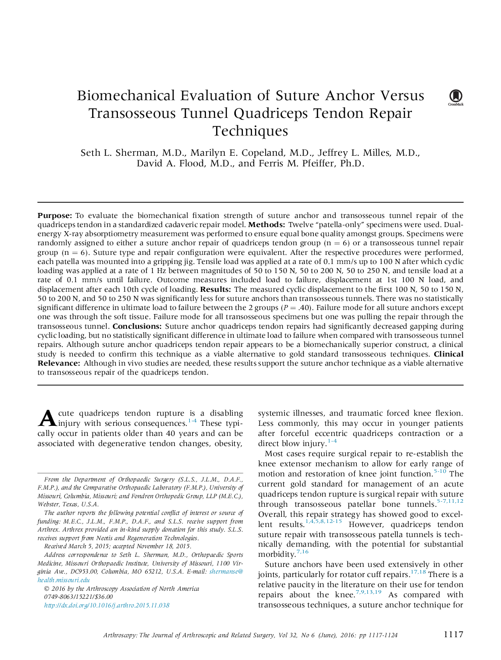 Biomechanical Evaluation of Suture Anchor Versus Transosseous Tunnel Quadriceps Tendon Repair Techniques 