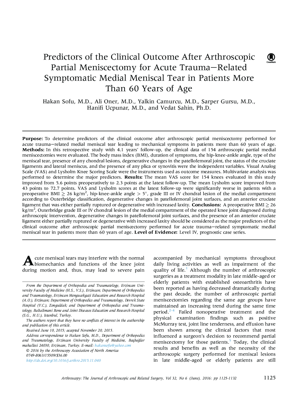 Predictors of the Clinical Outcome After Arthroscopic Partial Meniscectomy for Acute Trauma–Related Symptomatic Medial Meniscal Tear in Patients More Than 60 Years of Age 