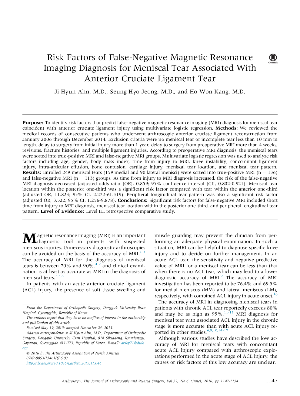 Risk Factors of False-Negative Magnetic Resonance Imaging Diagnosis for Meniscal Tear Associated With Anterior Cruciate Ligament Tear 