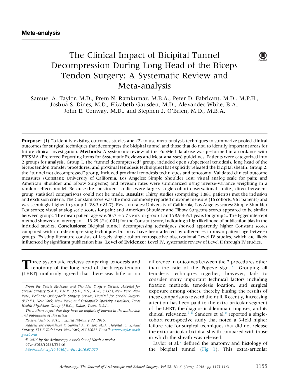 The Clinical Impact of Bicipital Tunnel Decompression During Long Head of the Biceps Tendon Surgery: A Systematic Review and Meta-analysis 