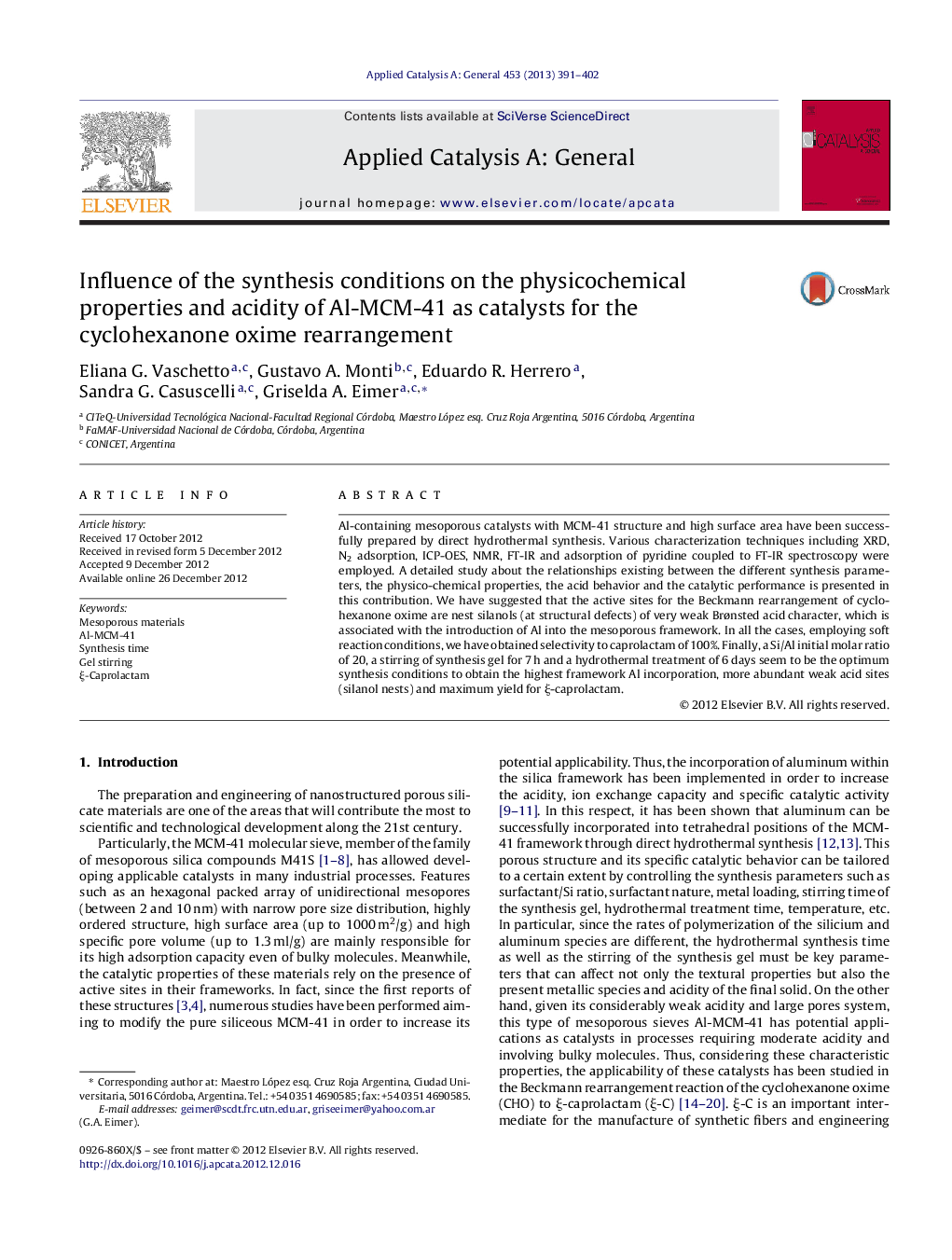 Influence of the synthesis conditions on the physicochemical properties and acidity of Al-MCM-41 as catalysts for the cyclohexanone oxime rearrangement