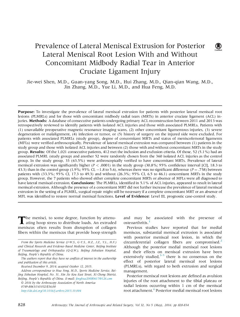 Prevalence of Lateral Meniscal Extrusion for Posterior Lateral Meniscal Root Lesion With and Without Concomitant Midbody Radial Tear in Anterior Cruciate Ligament Injury 