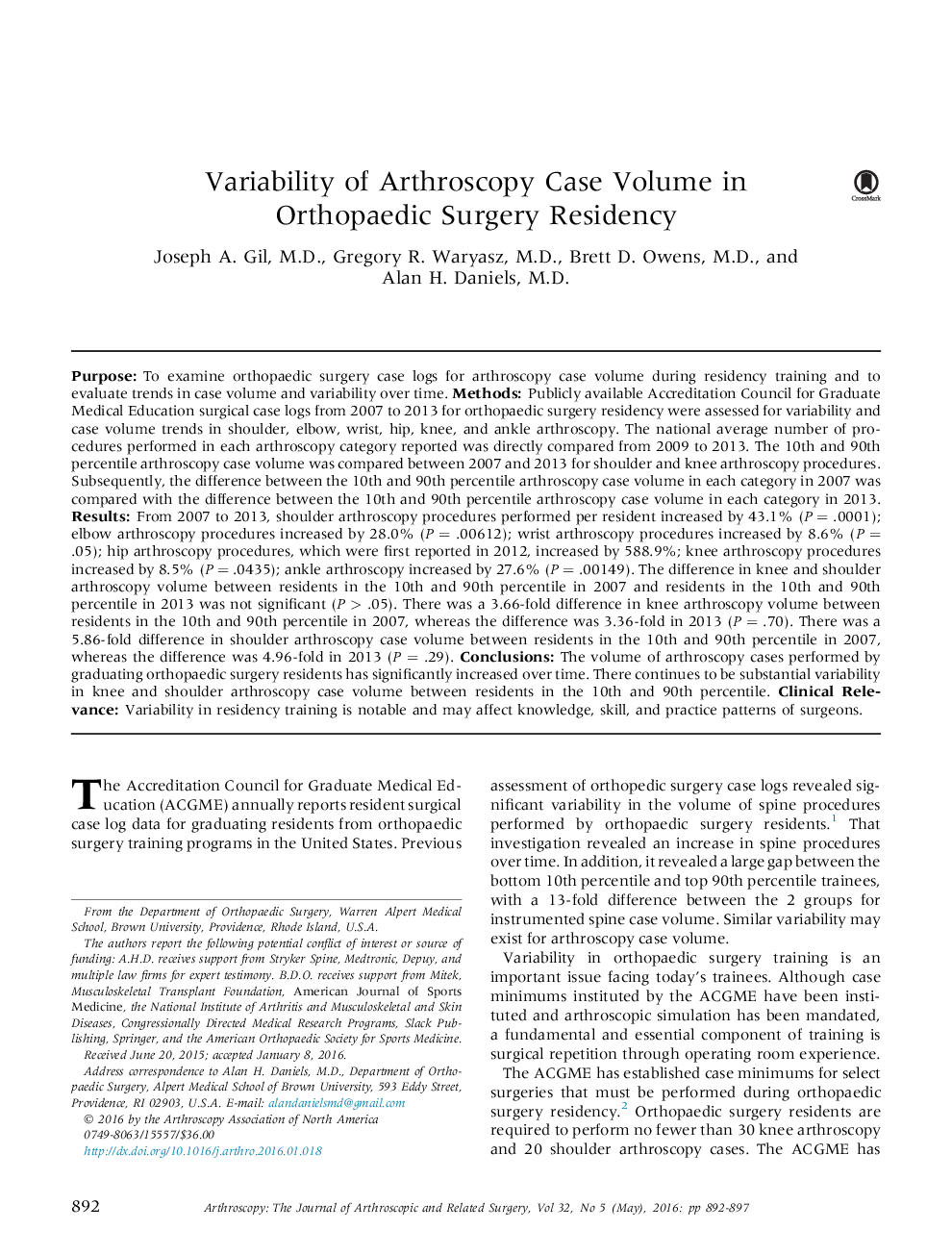 Variability of Arthroscopy Case Volume in Orthopaedic Surgery Residency 