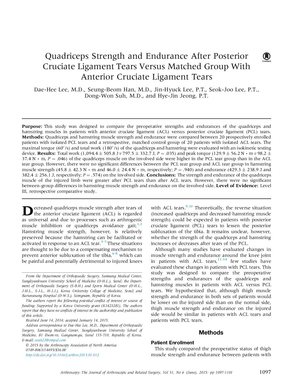 Quadriceps Strength and Endurance After Posterior Cruciate Ligament Tears Versus Matched Group With Anterior Cruciate Ligament Tears 