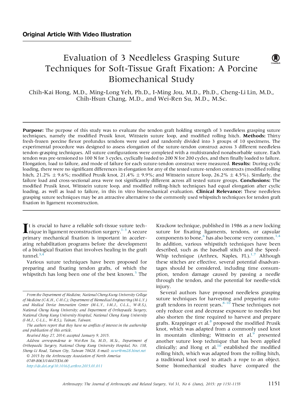 Evaluation of 3 Needleless Grasping Suture Techniques for Soft-Tissue Graft Fixation: A Porcine Biomechanical Study 