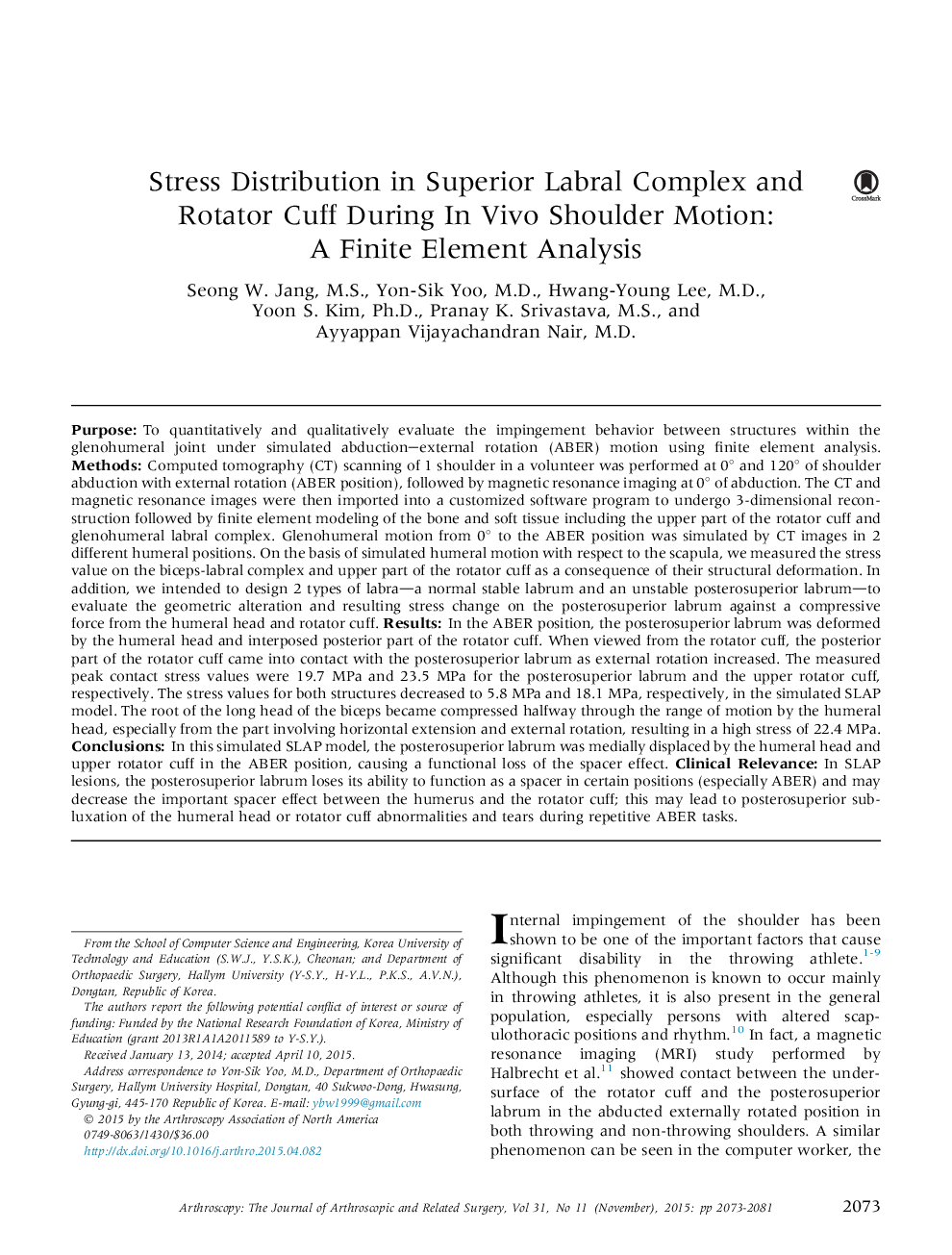 Stress Distribution in Superior Labral Complex and Rotator Cuff During In Vivo Shoulder Motion: A Finite Element Analysis 