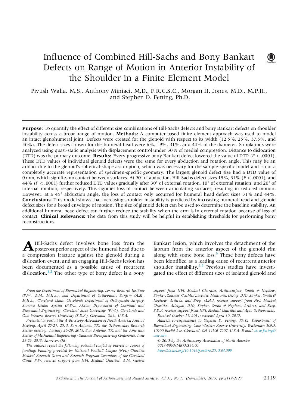 Influence of Combined Hill-Sachs and Bony Bankart Defects on Range of Motion in Anterior Instability of the Shoulder in a Finite Element Model 