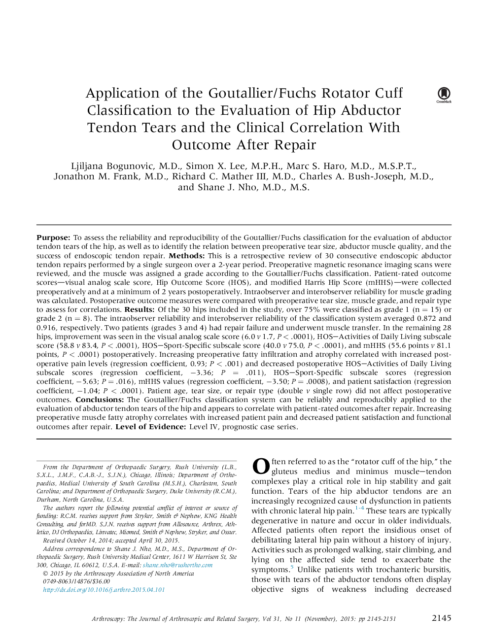 Application of the Goutallier/Fuchs Rotator Cuff Classification to the Evaluation of Hip Abductor Tendon Tears and the Clinical Correlation With Outcome After Repair 