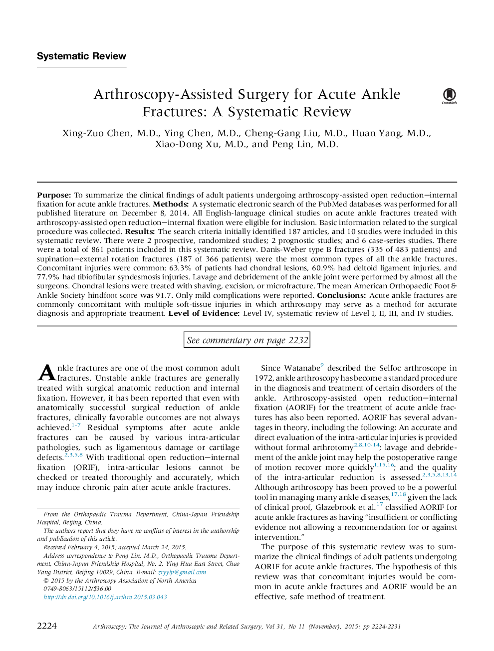 Arthroscopy-Assisted Surgery for Acute Ankle Fractures: A Systematic Review 