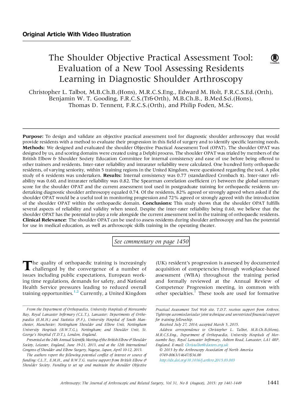 ابزار ارزیابی عملی هدف شانه: ارزیابی یک ابزار جدید ارزیابی یادگیری ساکنین در شریان آرتروسکوپی تشخیصی 