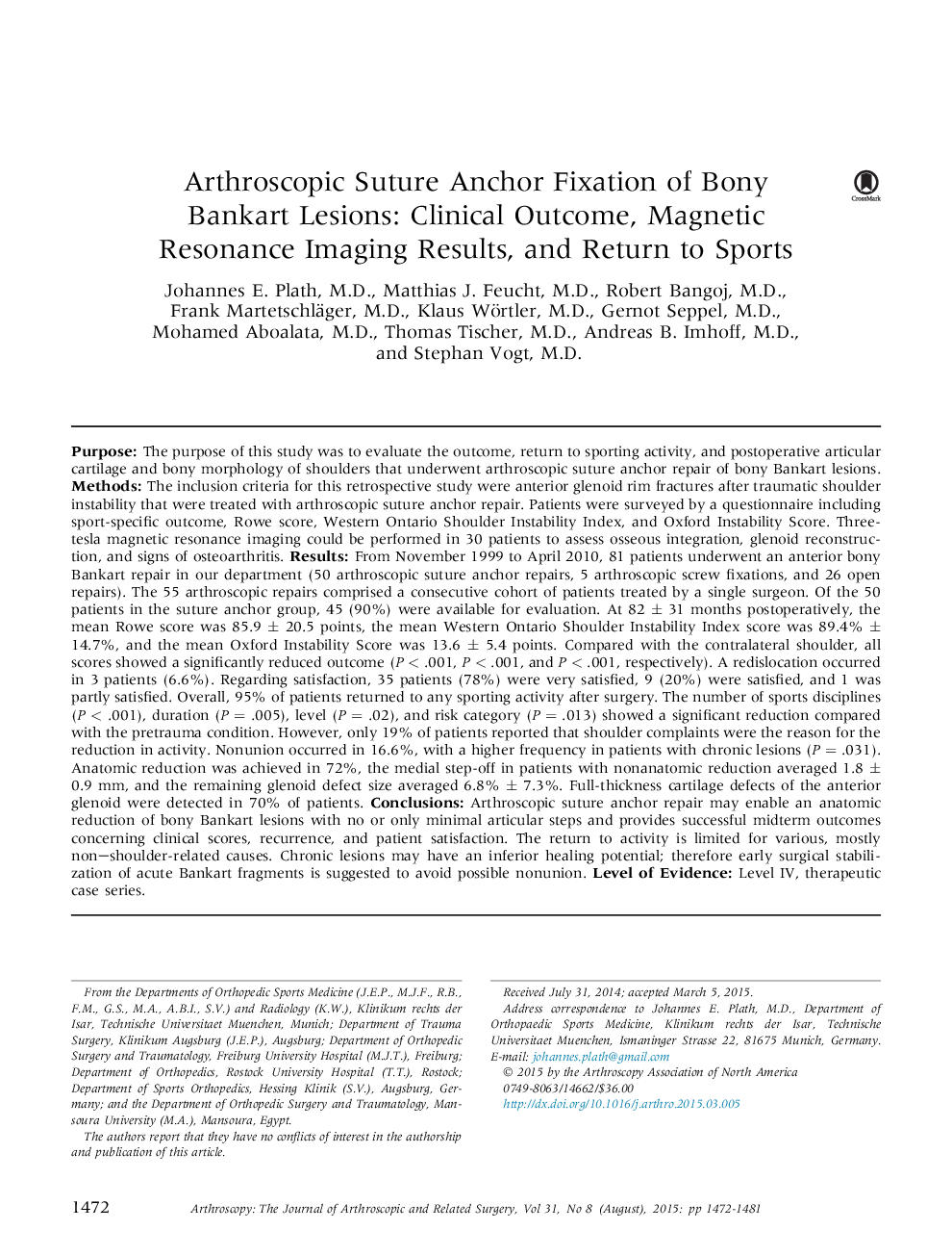 Arthroscopic Suture Anchor Fixation of Bony Bankart Lesions: Clinical Outcome, Magnetic Resonance Imaging Results, and Return to Sports 