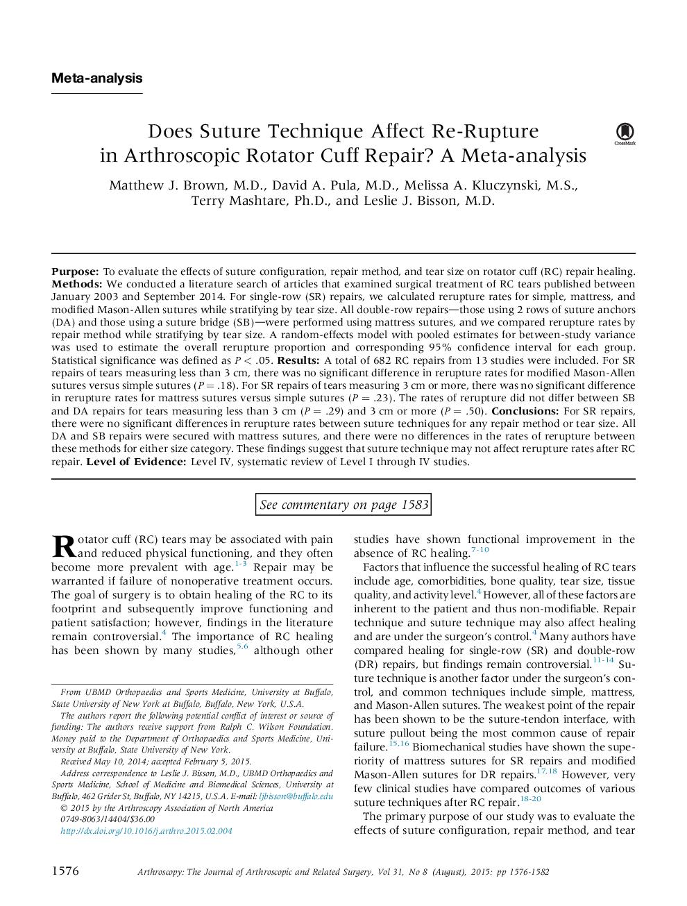 Does Suture Technique Affect Re-Rupture in Arthroscopic Rotator Cuff Repair? A Meta-analysis 