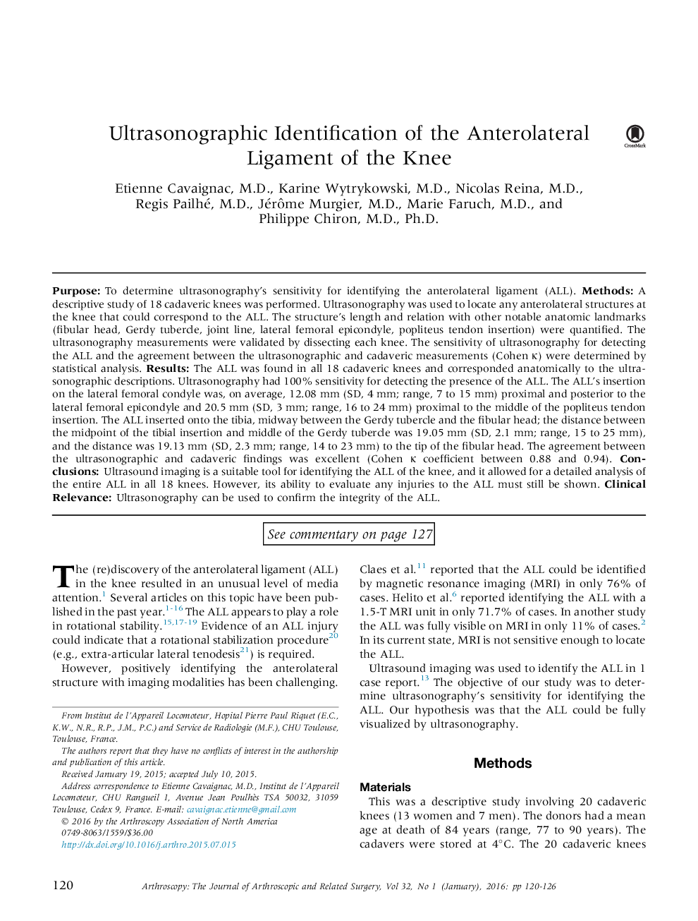 Ultrasonographic Identification of the Anterolateral Ligament of the Knee 